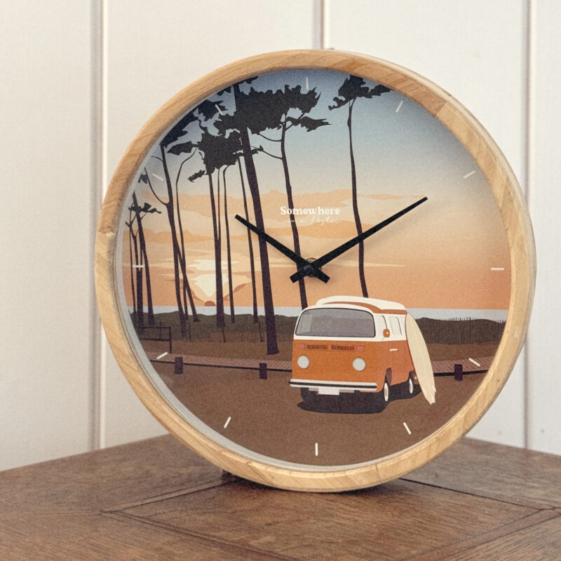 Horloge bois illustration Van à la plage Bassin d'Arcachon